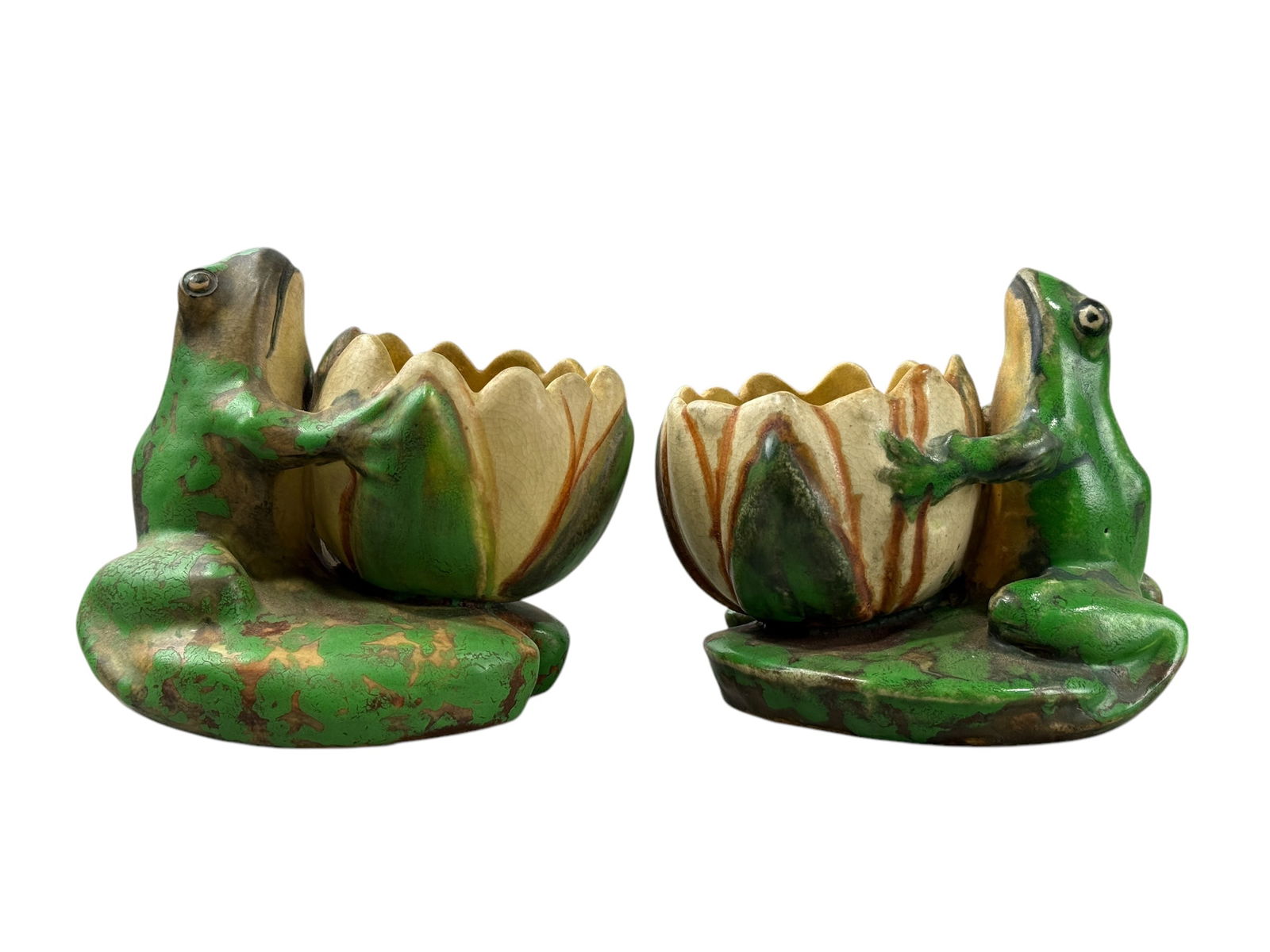 Signed Weller Pottery Coppertone Frog Planters (1 of 7)