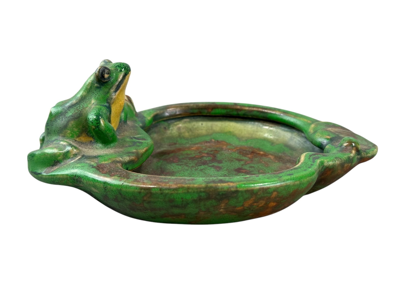 Signed Weller Pottery Coppertone Frog Ashtray (1 of 6)