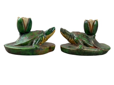 Signed Weller Pottery Coppertone Turtle Candle Holders