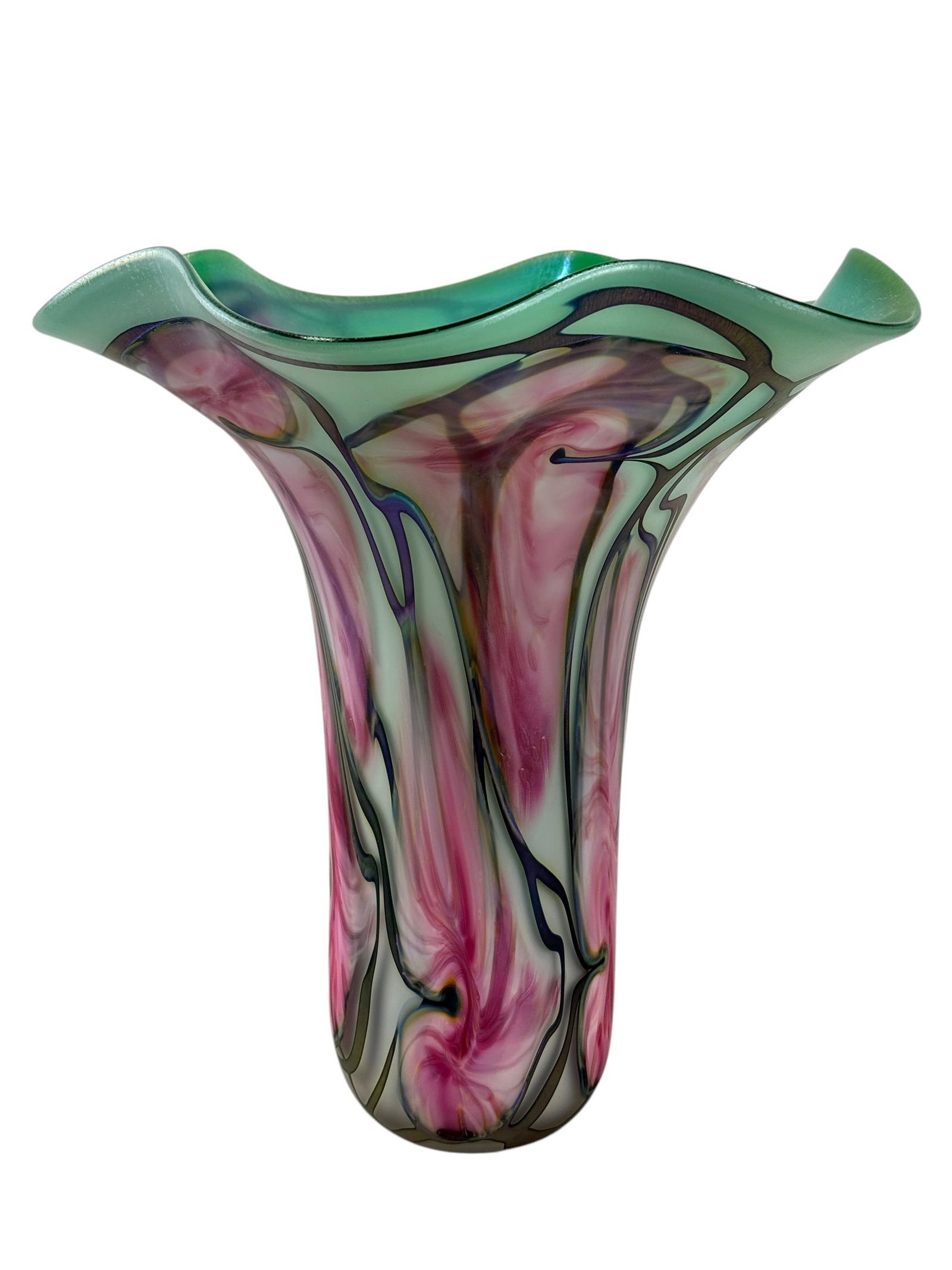 Large Signed 1994 John Lotton Green Iridescent Ruffled Edge Vase (1 of 7)