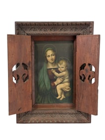 1920s French Art Deco Carved Wood Frame w/  Madonna del Granduca Print