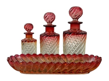 4Pc Early 19th C. Baccarat Rose Tiente Swirl Dresser Set