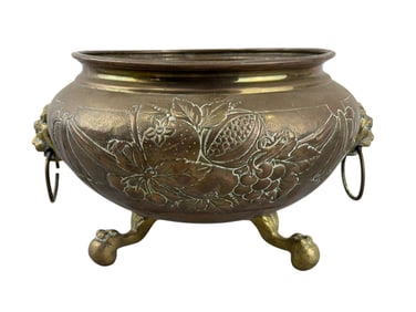 Double Handle 19th C. Brass Jardiniere w/ Lions Heads