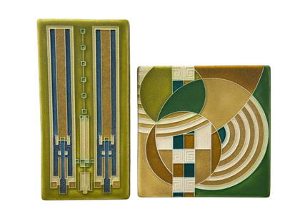2 Frank Lloyd Wright Motawi Tilework Tiles: Group of 2 Frank Lloyd Wright Pottery Tiles. "Avery Coonley Rug" Tile is marked on the back and measures 8" x 4". Other tile is marked on the back and measures 6" x 6".