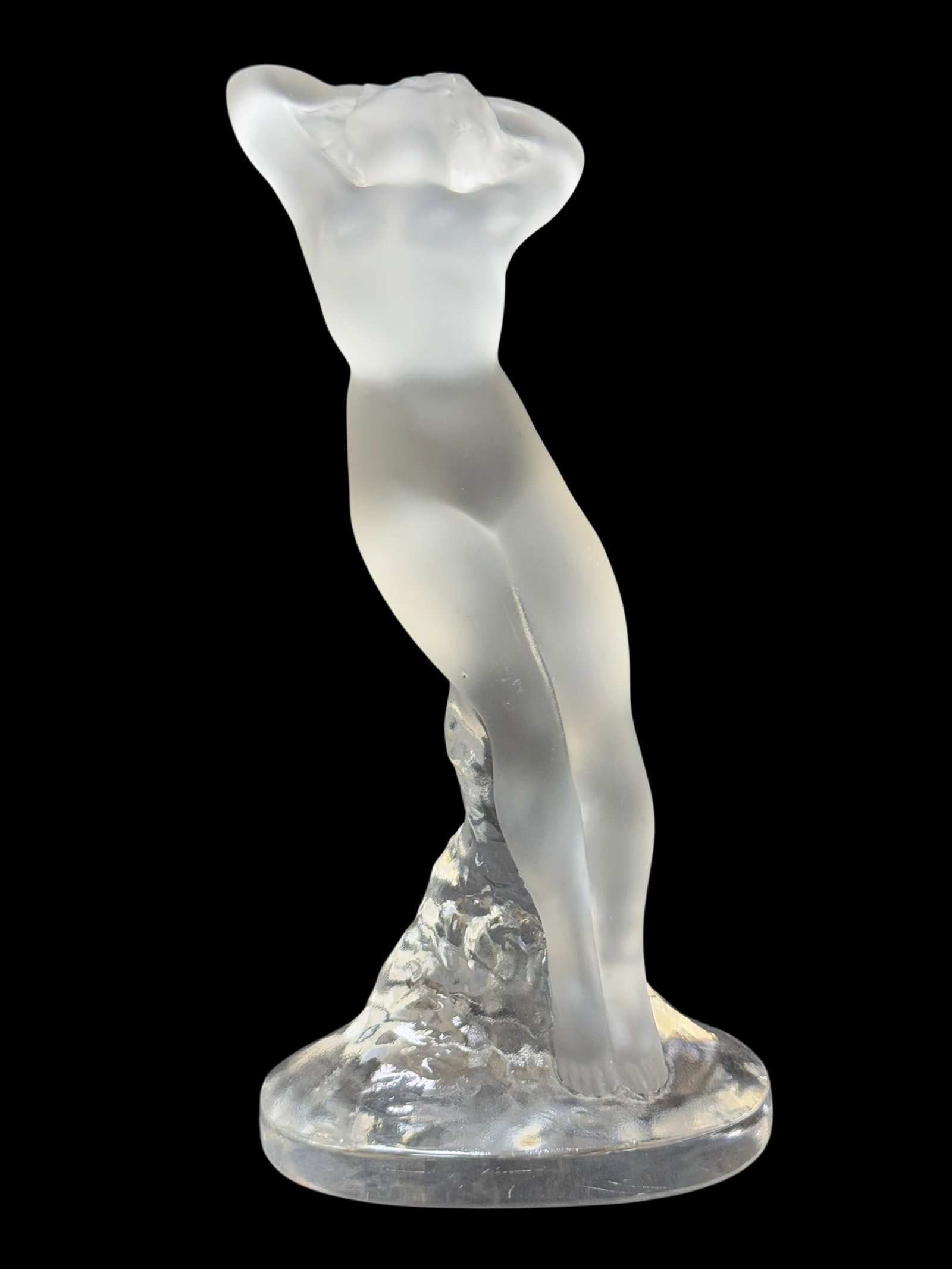 Signed Lalique "Danseuse Bras Leves" Crystal Figure: Signed Lalique "Danseuse Bras Leves" Crystal Figure. "Danseuse Bras Leves" means "Dancer with Raised Arms". Signed Lalique France on the side of base. Measures 9" Tall.