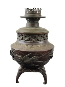 19th C. Bronze Japanese Meiji Electrified Oil Lamp