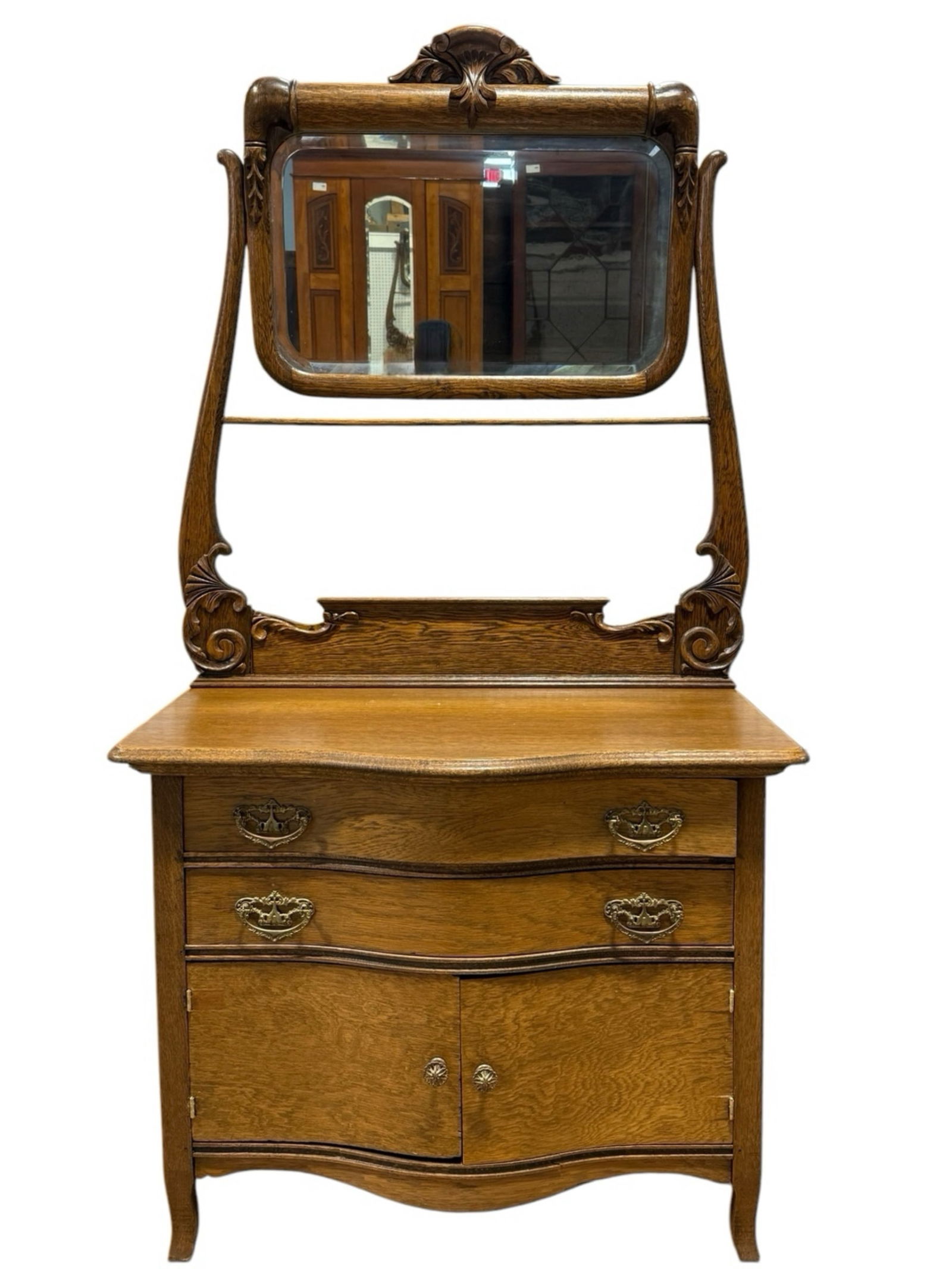 Antique Oak Carved Quartersawn Washstand w/ Mirror (1 of 10)