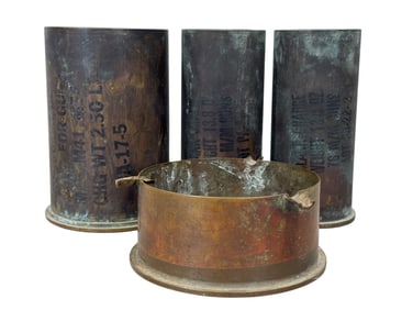 Group of 3 WWII Brass Shells & 1 Trench Art Ashtray