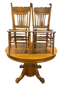 Antique Tiger Oak Table & 4 Chairs