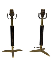 Pair of French MCM Leather & Brass Tripod Table Lamps