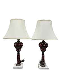 Pair of Bohemian Cranberry Cut to Clear Glass Lamps