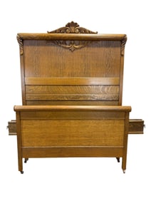 Antique Tiger Oak Carved Full Size Bed