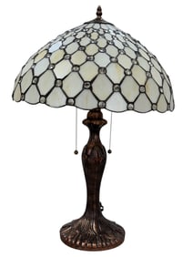 Tiffany Style Slag Glass & Jeweled Table Lamp
