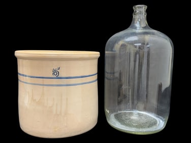 5 Gal Pottery Crock & Large Glass Water Bottle