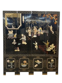 Asian 4 Panel Black Lacquer Hard Stone Screen