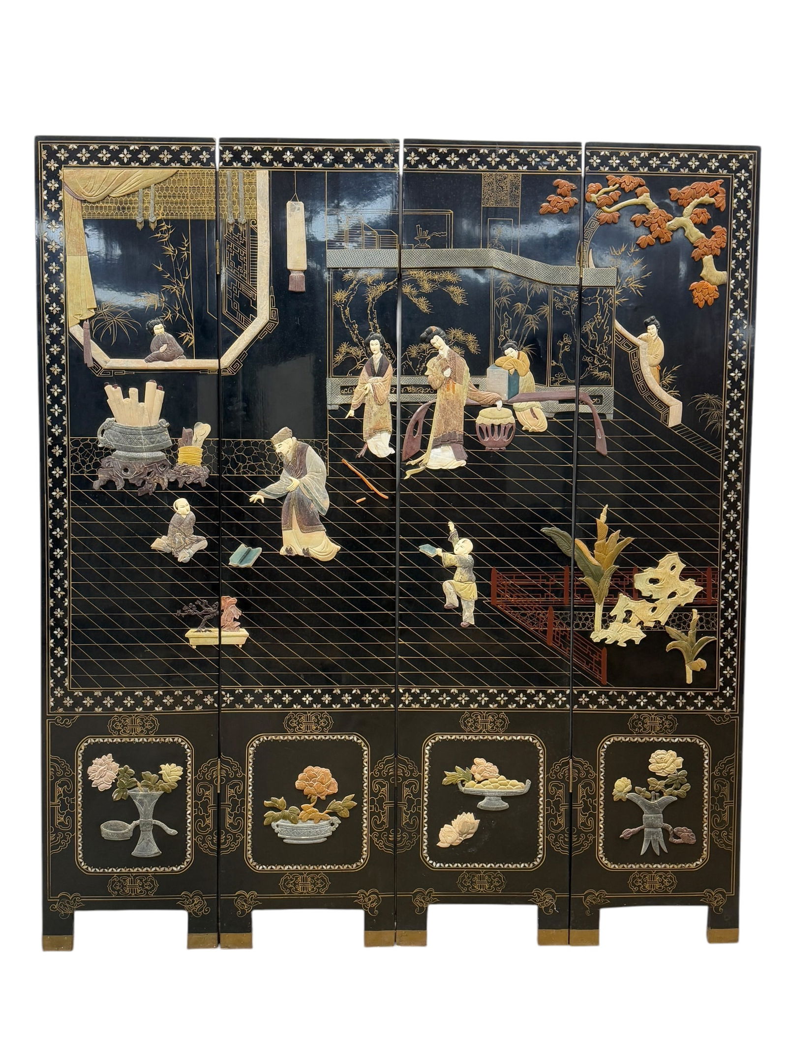 Asian 4 Panel Black Lacquer Hard Stone Screen (1 of 14)