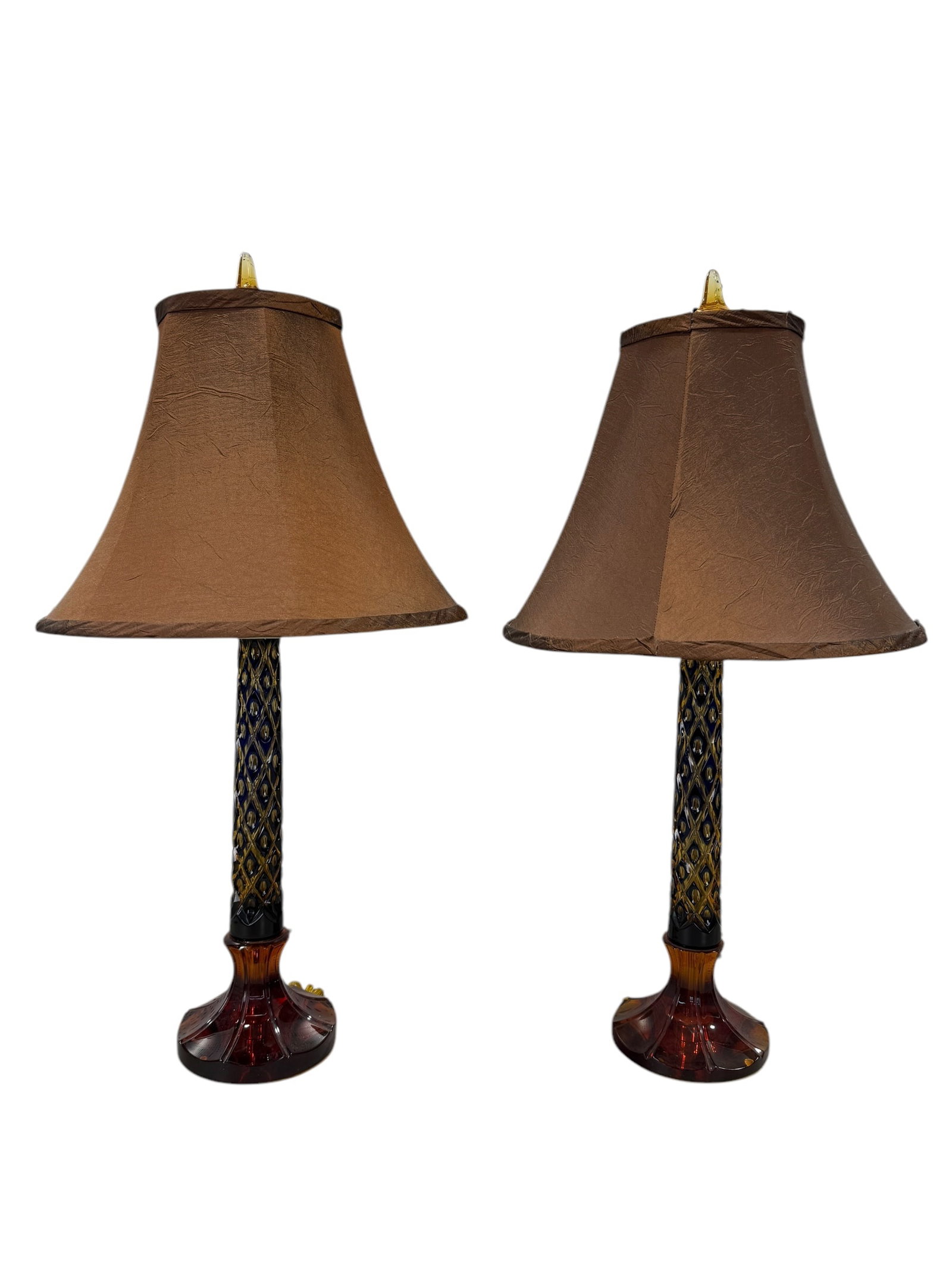 Pair of Cobalt Blue & Amber Art Glass Lamps Attr. To Marbro: Pair of Cobalt Blue & Amber Art Glass Lamps Attr. To Marbro. Both light switches are marked "B". Cobalt clue cut to amber glass. Measures 27.5" Tall each. Shade measure 10.5" H x 14" Diameter.