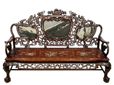20th C. Chinese Rosewood & Marble Bench w/ Mother of Pearl