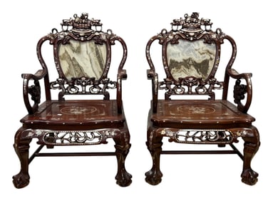 Pair of 20th C. Chinese Rosewood & Marble Chairs w/ Mother of Pearl