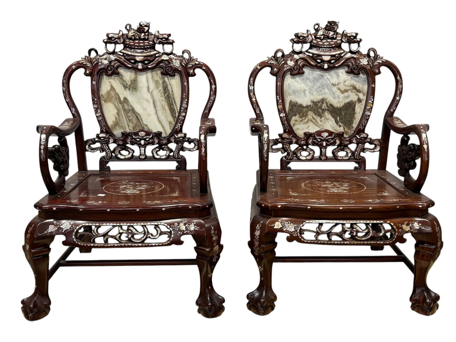 Pair of 20th C. Chinese Rosewood & Marble Chairs w/ Mother of Pearl (1 of 13)