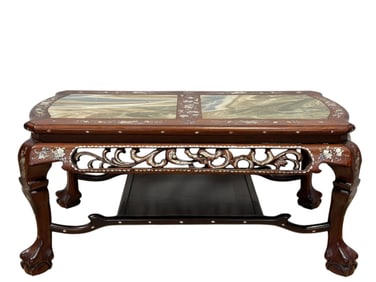 20th C. Chinese Rosewood & Marble Coffee Table w/ Mother of Pearl