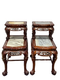 Pair of 20th C. Chinese Rosewood & Marble Side Tables w/ Mother of Pearl