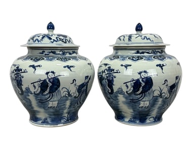 Pair of Large Blue & White Asian Lidded Urns