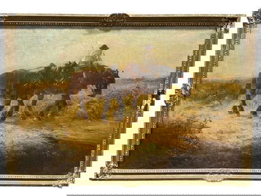Signed Antique Oil on Canvas "Farmer & Horses" Painting