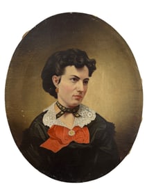 19th C. Oil on Canvas Oval Portrait of Woman Painting