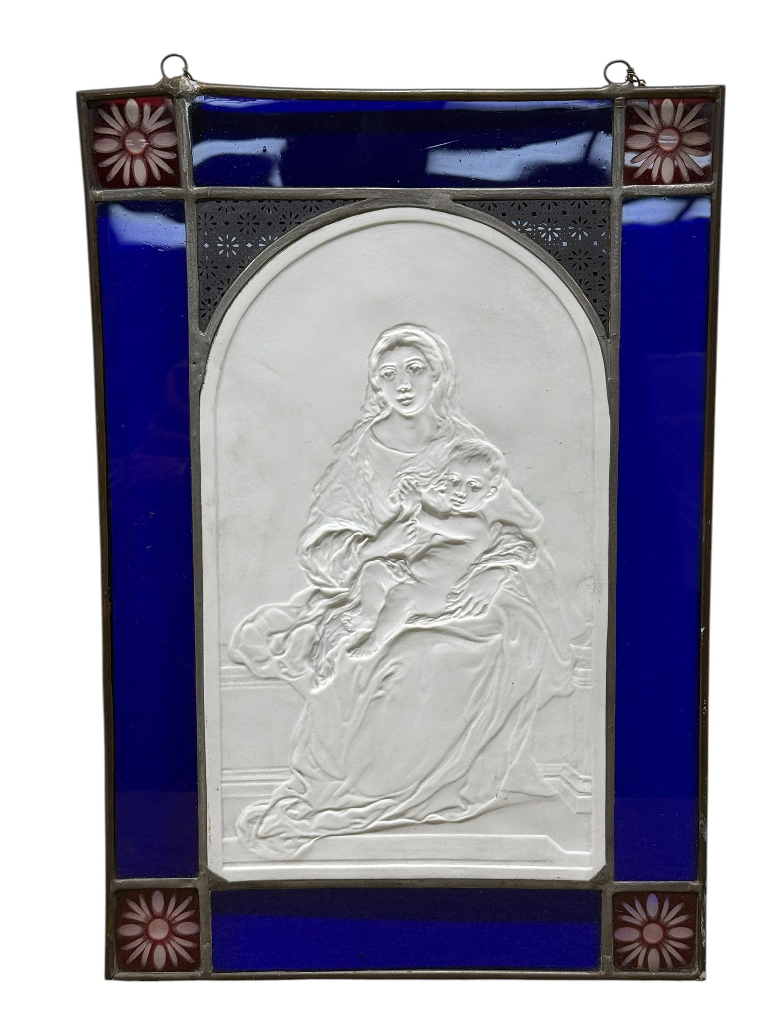 Stained Glass KPM Lithopane Plaque: Stained Glass KPM Lithopane Plaque. Marked 1 KPM 445 Z on the back in the bottom right corner. Plaque measures 12.75" x 7.75". Stained glass frame measures 17" x 11.75".