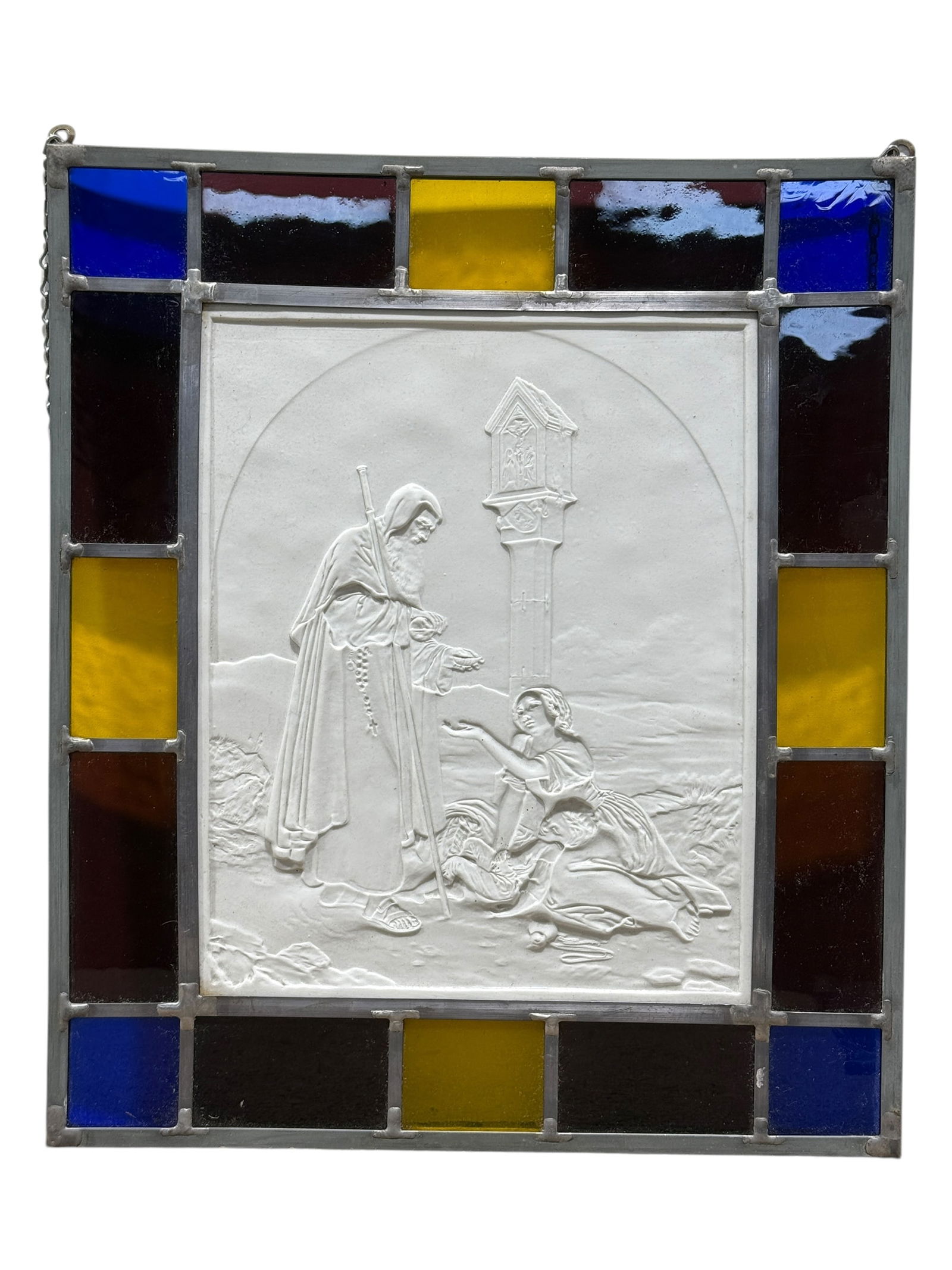 Stained Glass KPM Lithopane Plaque: Stained Glass KPM Lithopane Plaque. Marked KPM 271 Z on the back in the bottom right corner. Plaque measures 12" x 9.75". Stained glass frame measures 17.5" x 15".