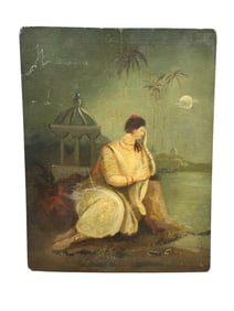 19th C. Oil on Board "Lady Gazing Over The Bay" Painting