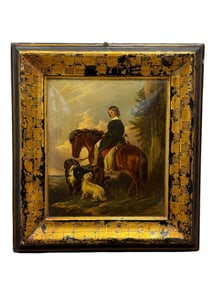 Early 19th C. German Painting of Lady, Horse & Dogs on Metal