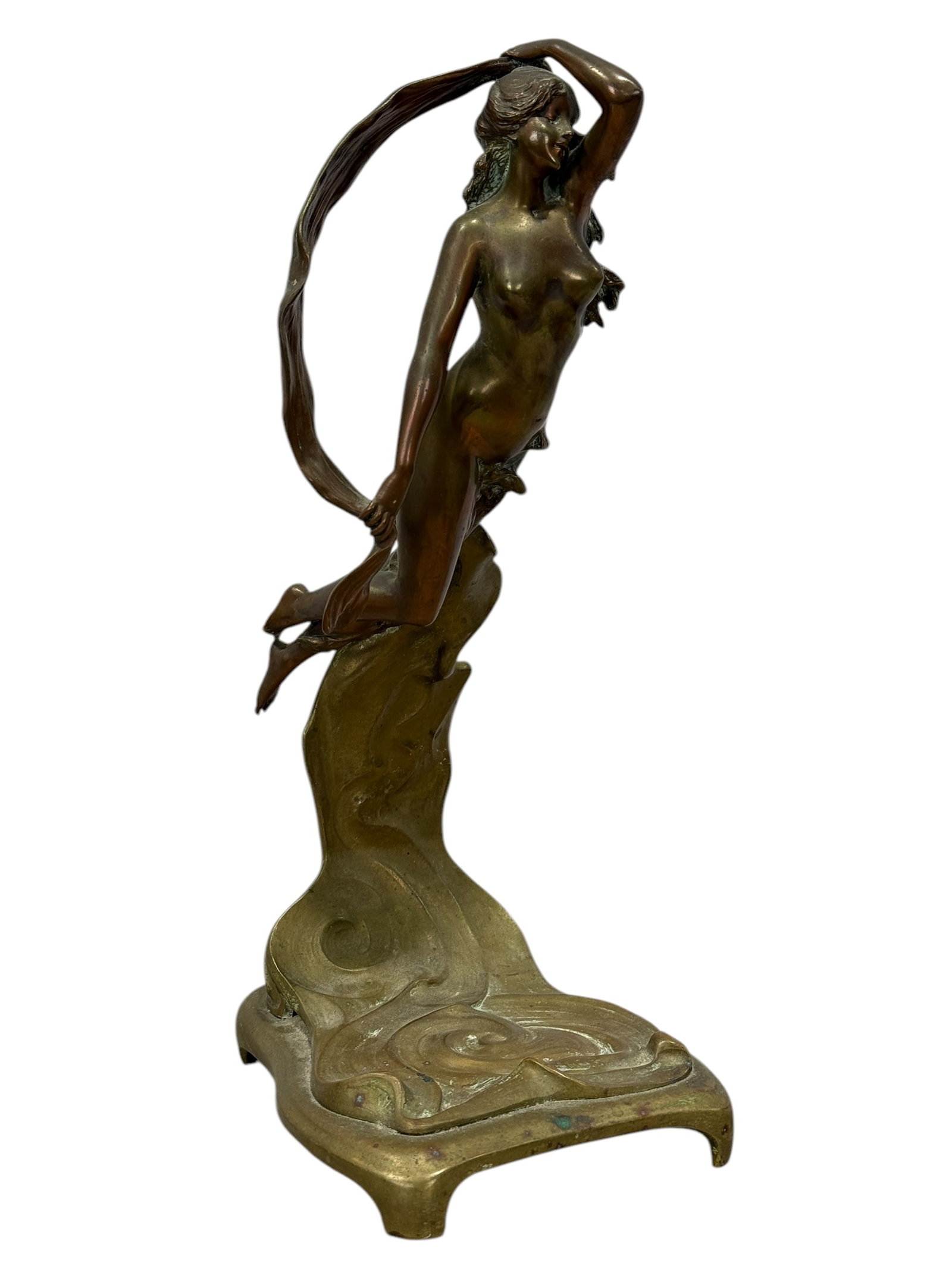 "The Awakening of Dawn" French Brass Art Deco Sculpture: "The Awakening of Dawn" French Brass Art Deco Sculpture. Measures 15.75" H x 6.25" W x 7.5" D.