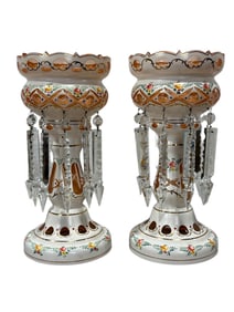 Pair of Antique Czech Bohemian Hand Painted Glass Lusters