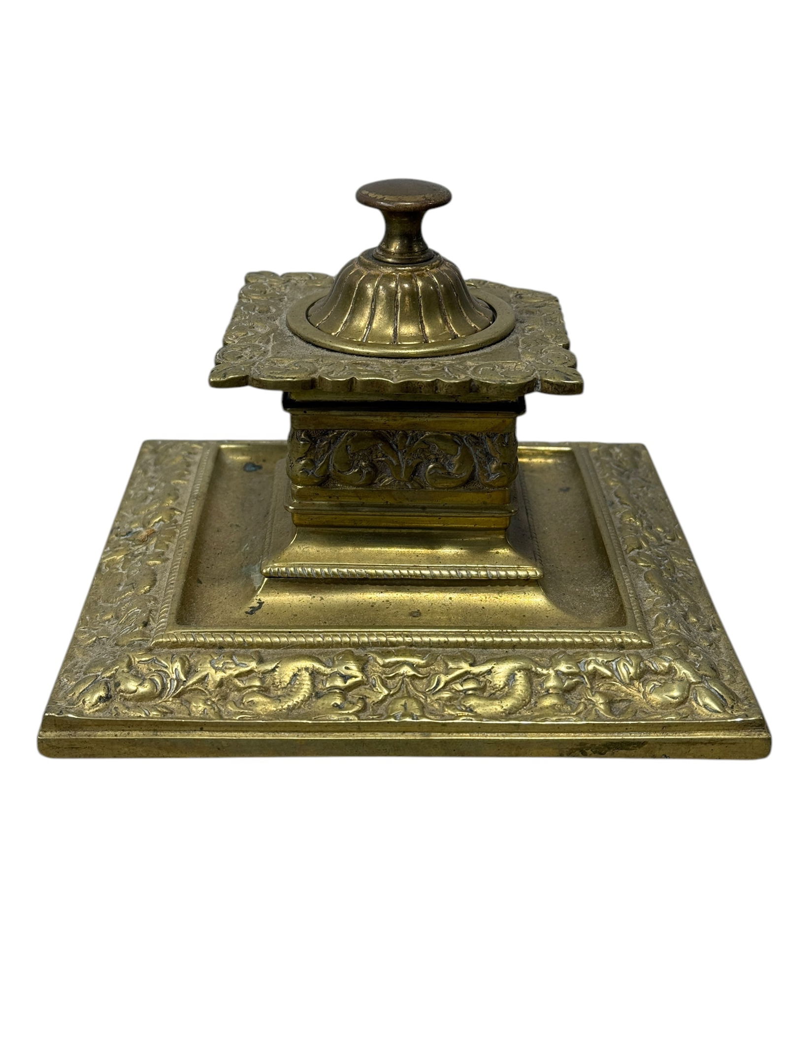 Antique English Brass Ornate Inkwell: Antique English Brass Ornate Inkwell. Measures 4.25" H x 6" W x 6" D.