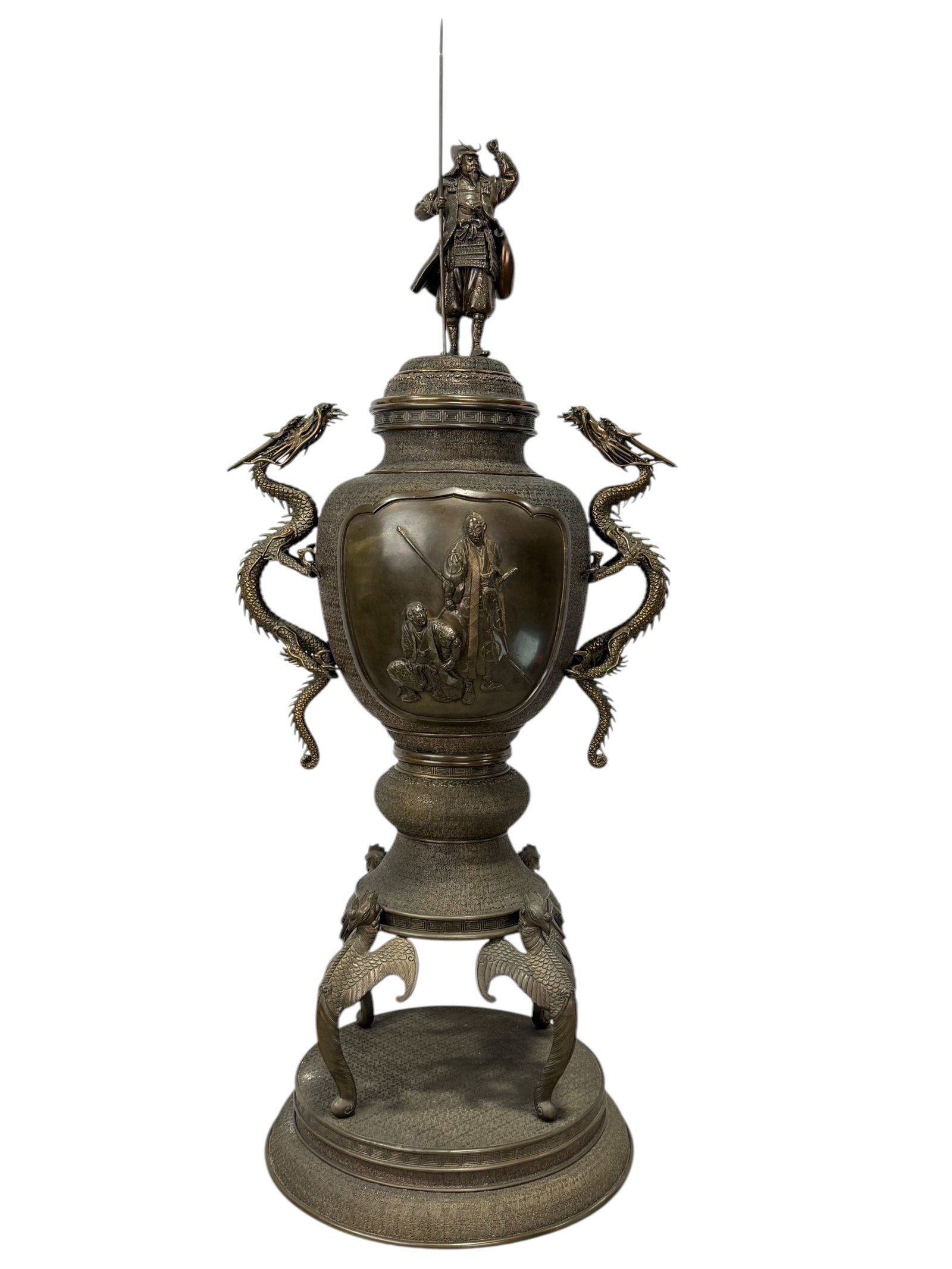 Large 19th C. Bronze Japanese Incense Burner: Large 19th C. Bronze Japanese Incense Burner. Does break down into 3 pieces and dragon handles do come off. Likely from the Edo or Meiji period. Measures 34.5" H x 11.5" W x 11.5" D.