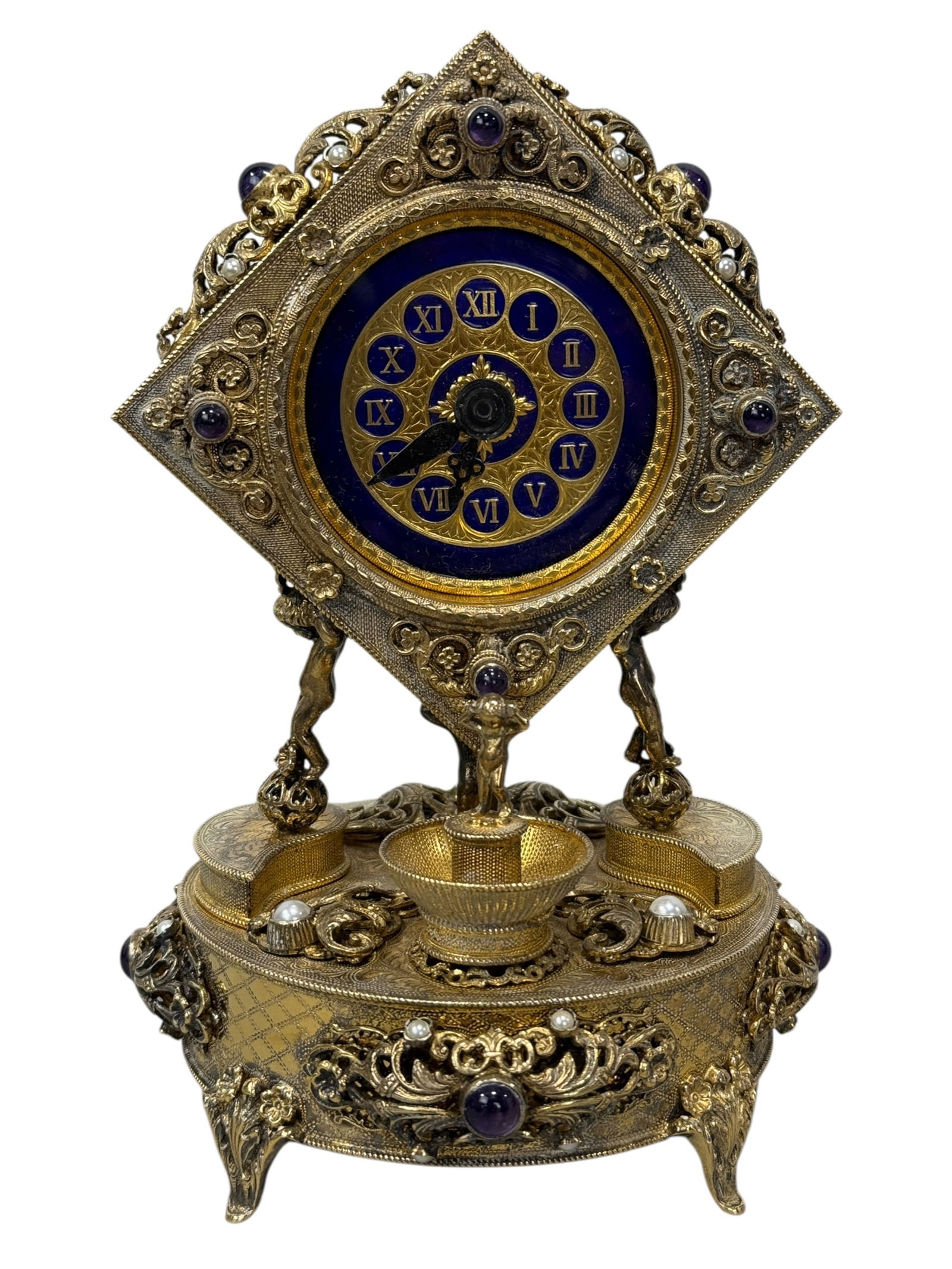 Sterling Silver Vermeil Desk Clock w/ Jewels (1 of 13)