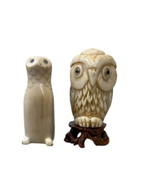 2 Inuit Walrus Tusk Carved Owls