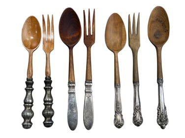 Group of 7 Antique Wood & Sterling Handle Salad Serving Pieces