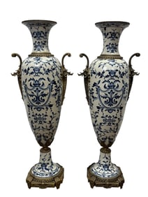 Pair of Large Bronze Ormolu Mounted Porcelain Floor Vases