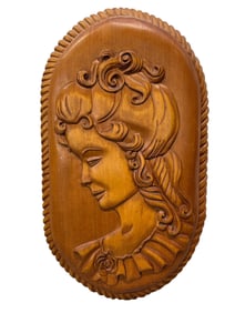 Signed Carved Wood Woman Cameo Wall Plaque