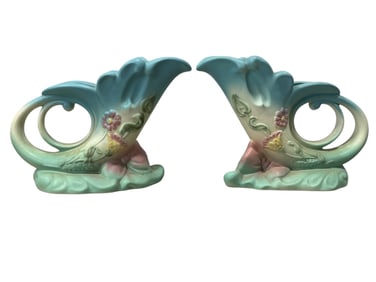 Pair of Hull Art Pottery Bowknot Cornucopia Vases