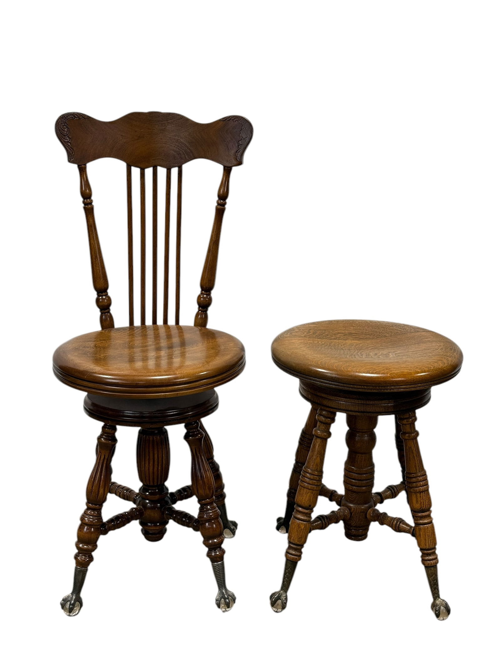 Antique Oak Organ Chair & Tiger Oak Piano Stool: Antique Oak Organ Chair & Tiger Oak Piano Stool. Both have ball and claw feet. Oak Organ Chair is marked The Charles Parker & Co. on the bottom of seat and measures 35.5" H and seat height measures 18