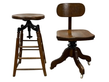 Antique Oak Stool & Office Chair