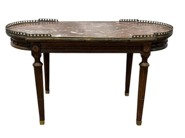Antique French Style Marble Top Side Table w/ Brass Gallery