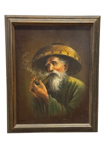 Signed Mid Century Oil on Canvas "Man Smoking Pipe" Painting