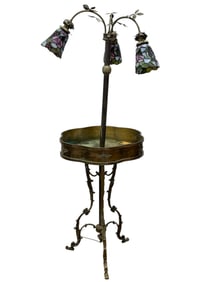 Antique Brass Floor Lamp w/ Planter & Stained Glass Shades