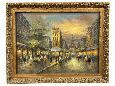 Large Signed Oil on Canvas "Parisian Street" Painting