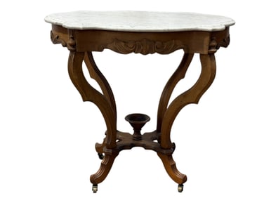 Walnut Victorian Turtle Marble Top Parlor Table